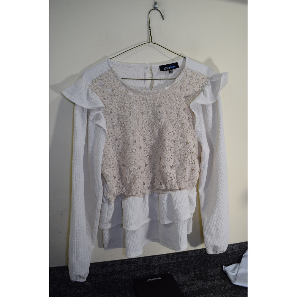 Alice Blue Womens XL White Crochet Lace Ruffle Peplum Long Sleeve Blouse Top